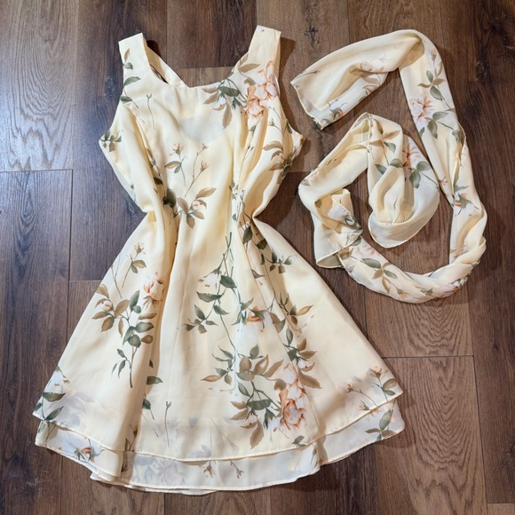 Vintage Dresses & Skirts - Vintage Y2K Floral Dress Scarf Yellow Floral Mini Dress Vintage Y2K Dress Fairy